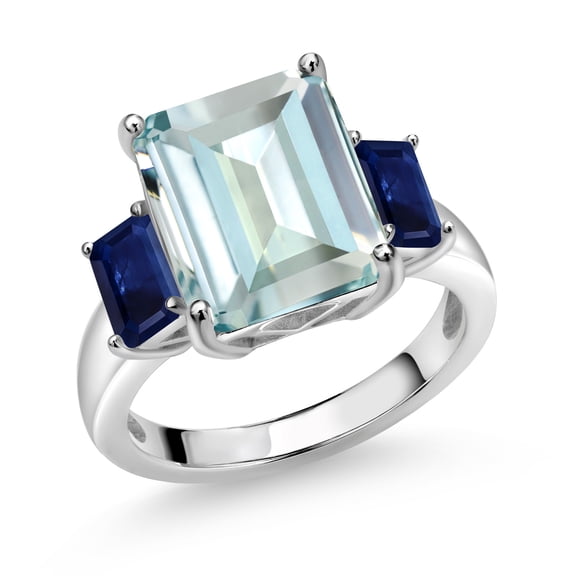 Gem Stone King 925 Sterling Silver Emerald Cut Blue Simulated Aquamarine and Blue Sapphire 3-Stone Ring for Women (6.64 Cttw, Gemstone Birthstone, Size 6)