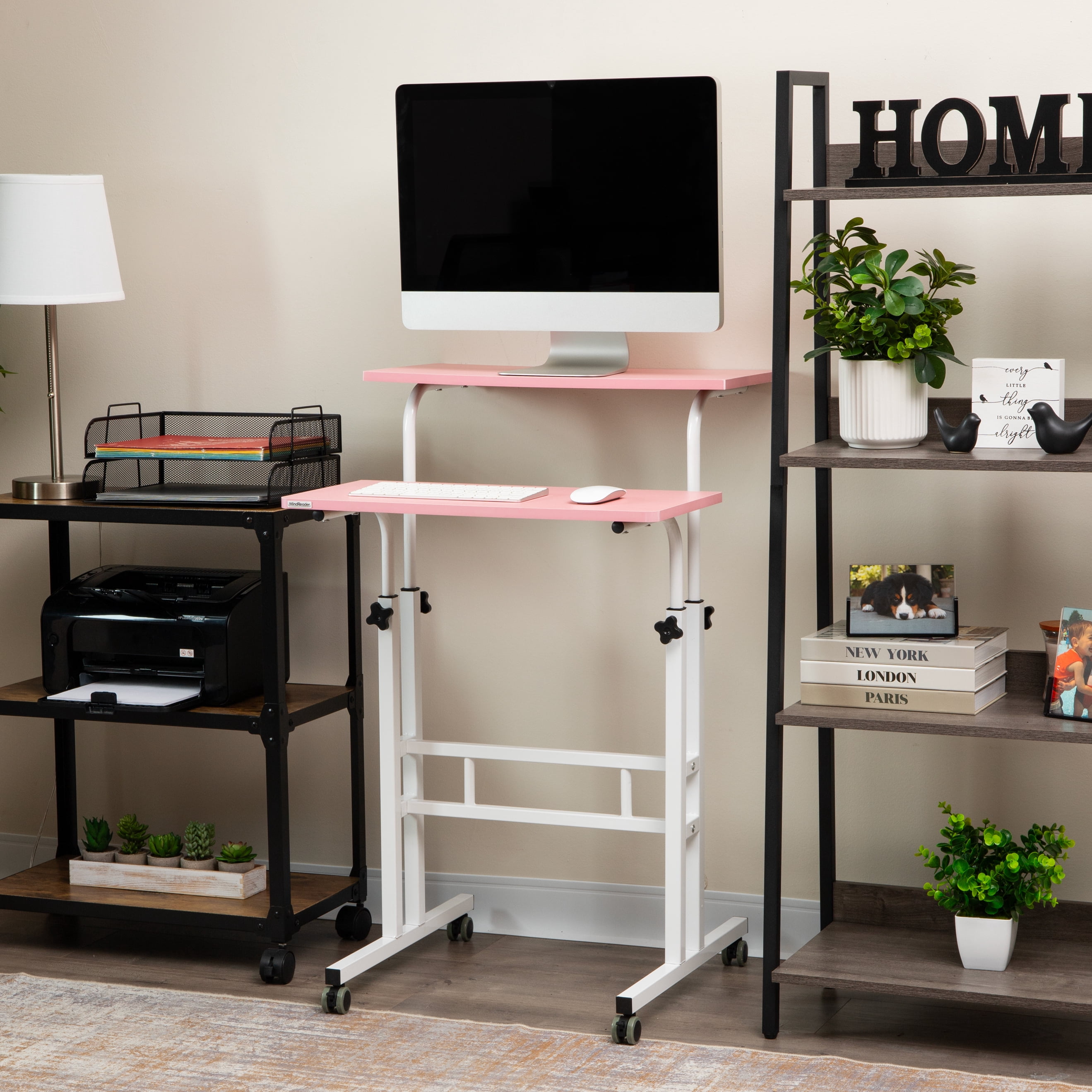 Mind Reader Standing Desk with Side Storage and Locking Wheels, Pink Finish