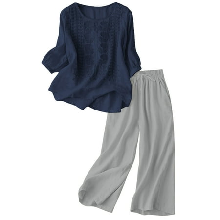MDUKONU Women s Linen Embroidered Top and Wide Leg Pants Set for Everyday and Wear in Summer Navy XXXL