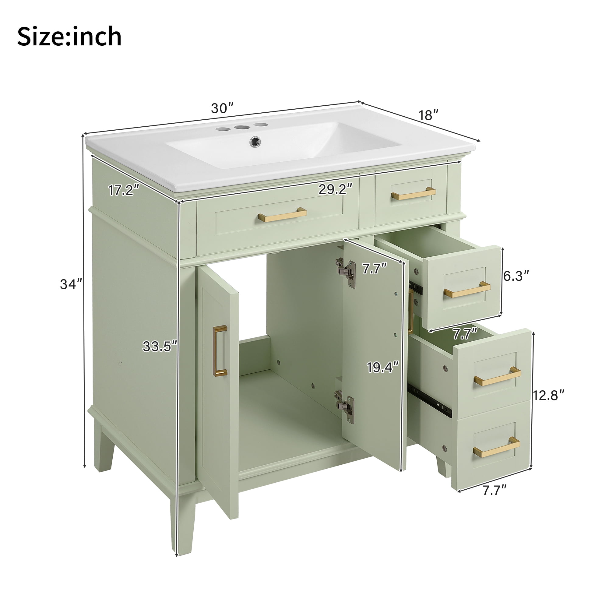 Harper & Bright Designs 30" Green Bathroom Vanity with Sink, Bathroom Storage Cabinet with Soft-Close Doors and Drawers for Small Space