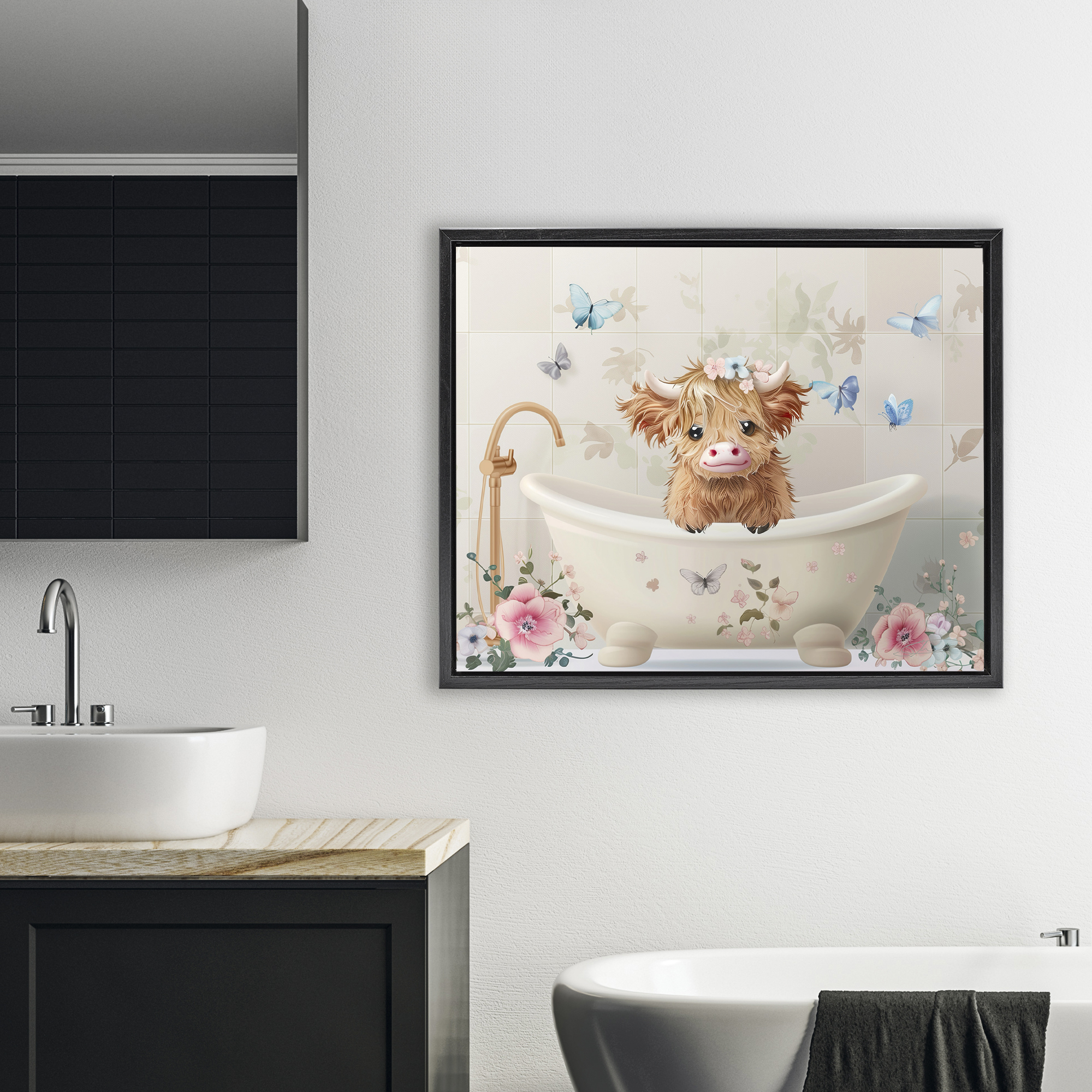 Baby Cattle in Floral Tub Black Framed Floater Canvas Wall Art, design by Shawna Stewart