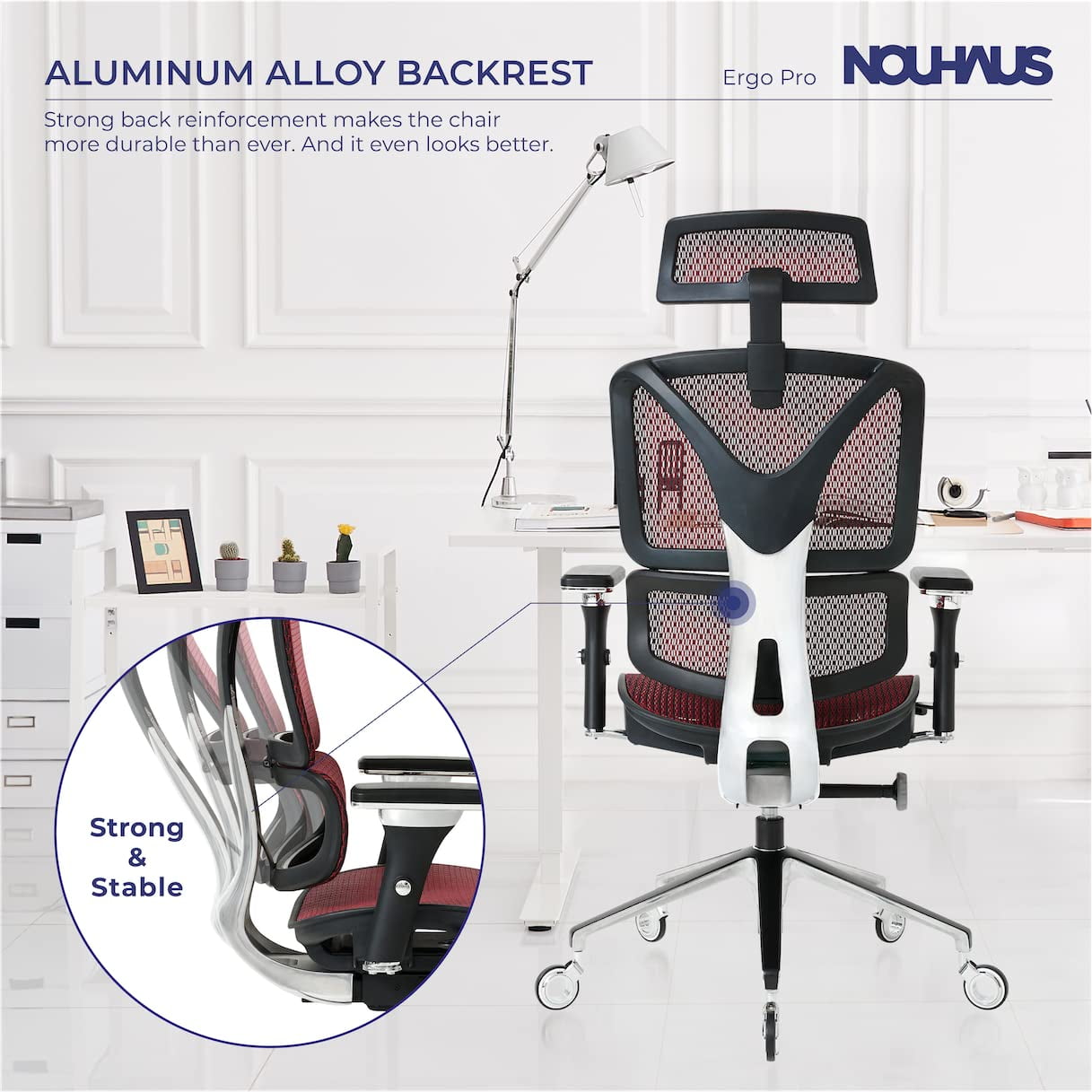 NOUHAUS ErgoPRO Mesh Ergonomic Swivel Office Chair with Adjustable Armrests, Lumbar Support, Headrest  for Home Office , Burgundy