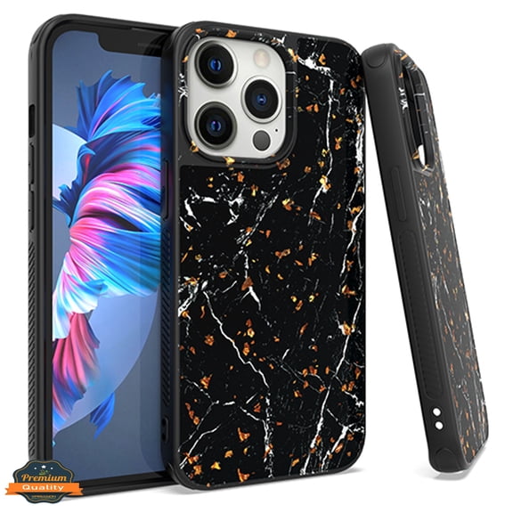 Xpression Case for Apple iPhone 13 Pro (6.1") Marble Fashion Stone Stylish Flake Glitter Bling Hybrid Slim TPU Rubber Hard Protection Phone Cover [Marble Black]