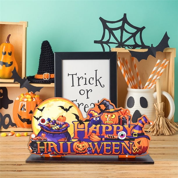 Happy Halloween Wooden Table Decoration Pumpkin Bat Ghost Faceless Trick or Treat Ornaments for Halloween Party DecorationAAustralia He Qiyong unisex