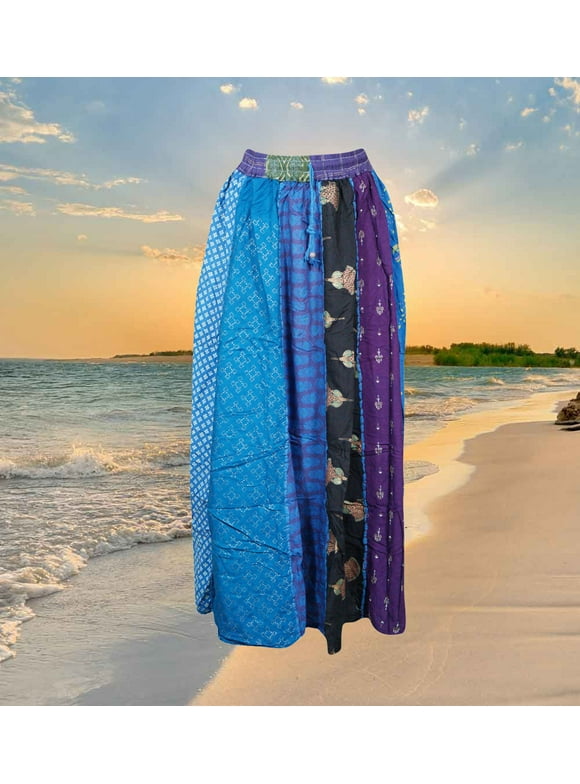 Womens Maxi Skirt, Blue Summer Skirt, Gujarati Patchwork Handmade Vintage Boho Chic Long Skirts S/M/L