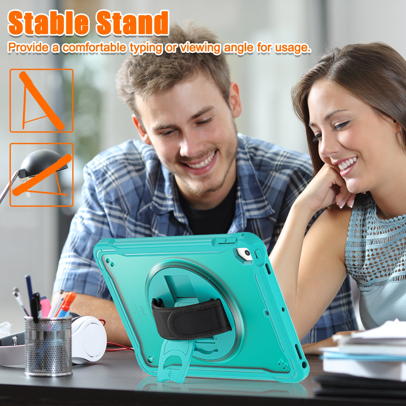 Dteck Case for iPad Air 2/iPad Pro 9.7"/iPad 5th/6th Generation,Military Grade Shockproof Silicone Protective Cover 360° Rotatable Stand- Shoulder Strap- Handle- Pencil Holder,Blue