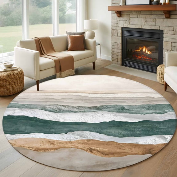 Round Rugs 5Ft, Sage Green Brown Ombre Round Area Rug Washable Indoor Throw Carpet, Modern Moire Abstract Wave Soft Non Slip Circle Rug for Cabinet Bathroom Home Decor Aesthetic