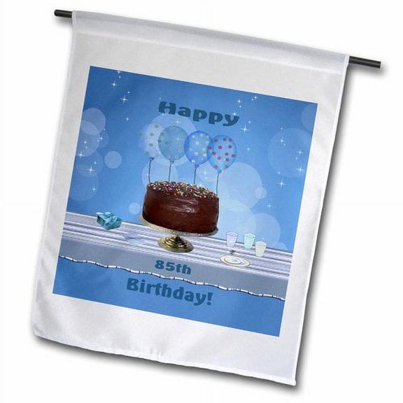 3dRose, 85th Birthday Party with Chocolate Cake and Blue Balloons, 18 x 27 inch Garden Flag