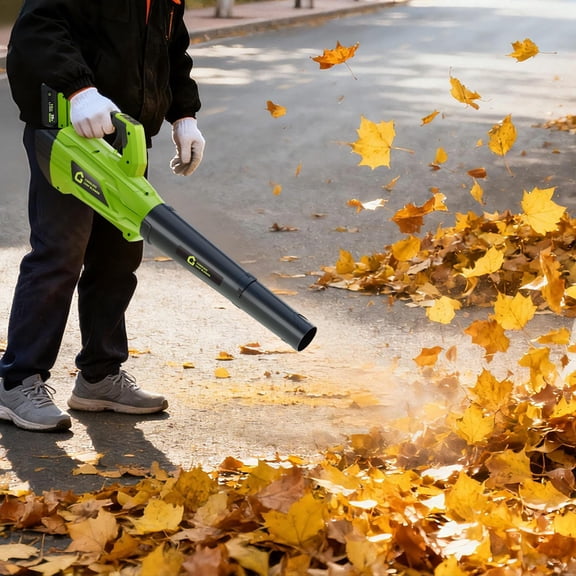 Cordless Leaf Blower, 21V Battery Powered Leaf Blower with Two Battery & Fast Charger, Lightweight Handheld Electric Blower for Lawn Care, Yard Cleaning, Blowing Fallen Leaves, Green