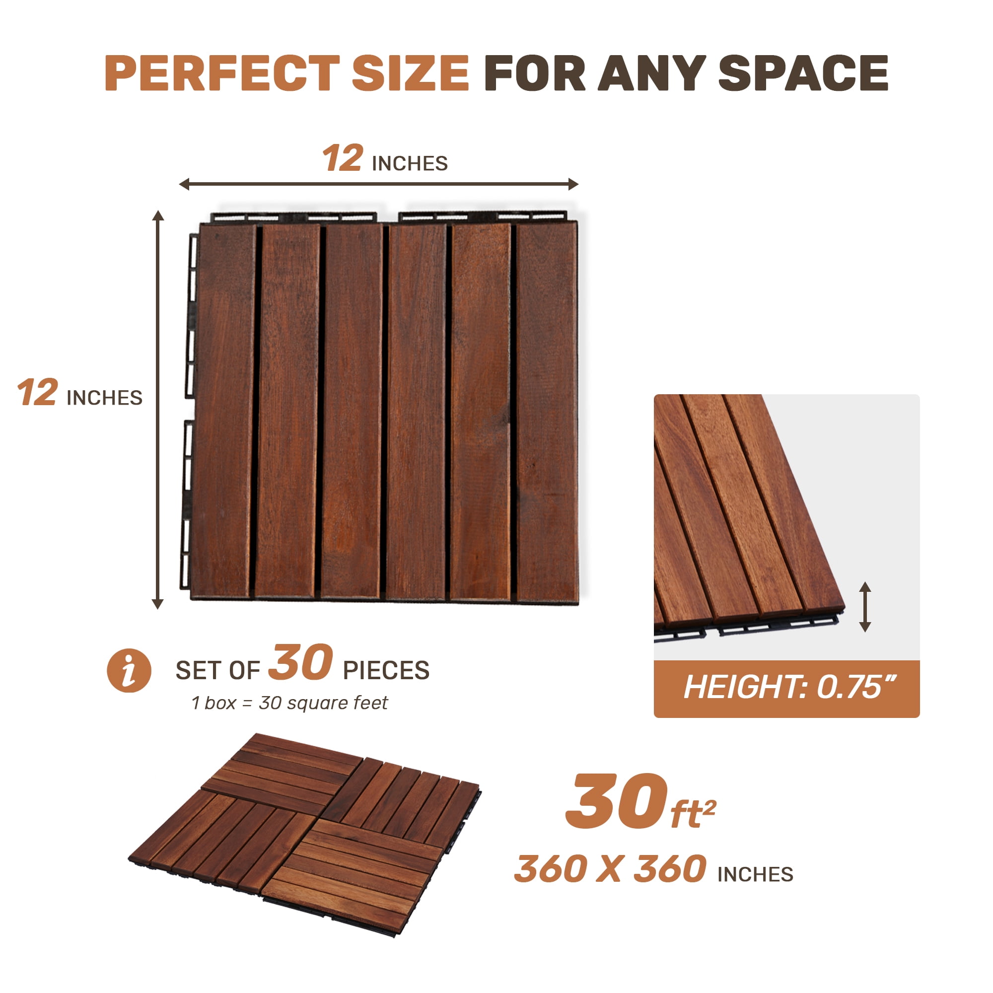 Interlocking Deck Tiles 12x12 in, Acacia Hardwood Outdoor Flooring with Striped Pattern and Waterproof Finish for Patio Balcony Poolside, Brown, 30pcs