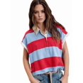 thumbnail image 2 of Womens Striped Short Sleeve V Neck Button Down Color Block Loose Pullover Tops Red XL, 2 of 7
