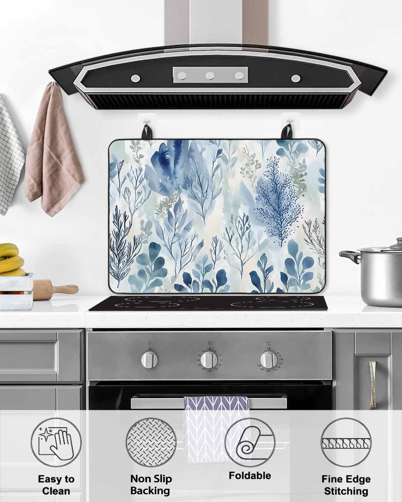 nqOlkjepod Large Induction Cooktop Protector Mat 24"x21", Blue Botanical Stove Top Covers for Electric Stove, Vintage Impressionist Style Watercolor Stove Burner Cover Mats, Glass Top Stove Cover