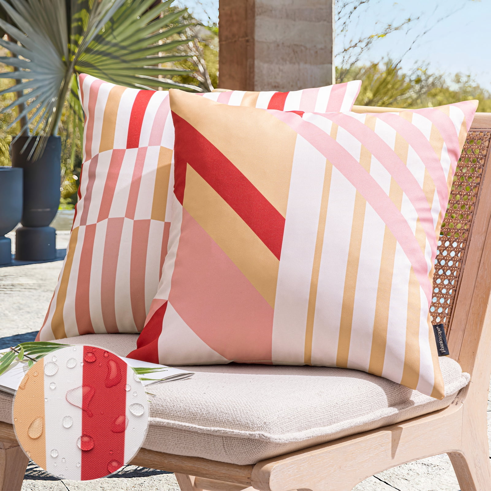 Phantoscope 2 Pack Waterproof Outdoor Decorative Throw Pillow 18x18, Geometric Color Block Patio Cushion Cases for Couch & Tent, Red & Pink