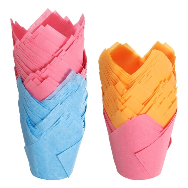 150Pcs Tazas de Hornear Tulipán Forros de Cupcake Muffins Papel a Prueba de Grasa (3.1" x 2", Azul Oscuro/Rojo Rosa/Naranja)