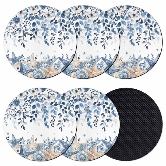 Blue Coastal Starfish Coasters Set of 6, Absorbent Coasters for Drinks, Beach Nautical Shell Eucalyptus Summer Coaster for Desk Coffee Table Protection, Home Decor House Warming Gifts 4"
