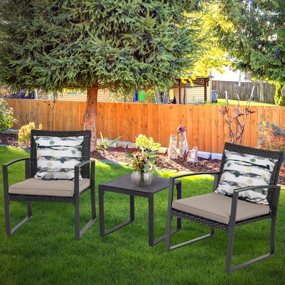 Patio, front door and Deck 3-Piece Conversation Black Wicker Furniture-Two Chairs with Glass Coffee Table Coffee