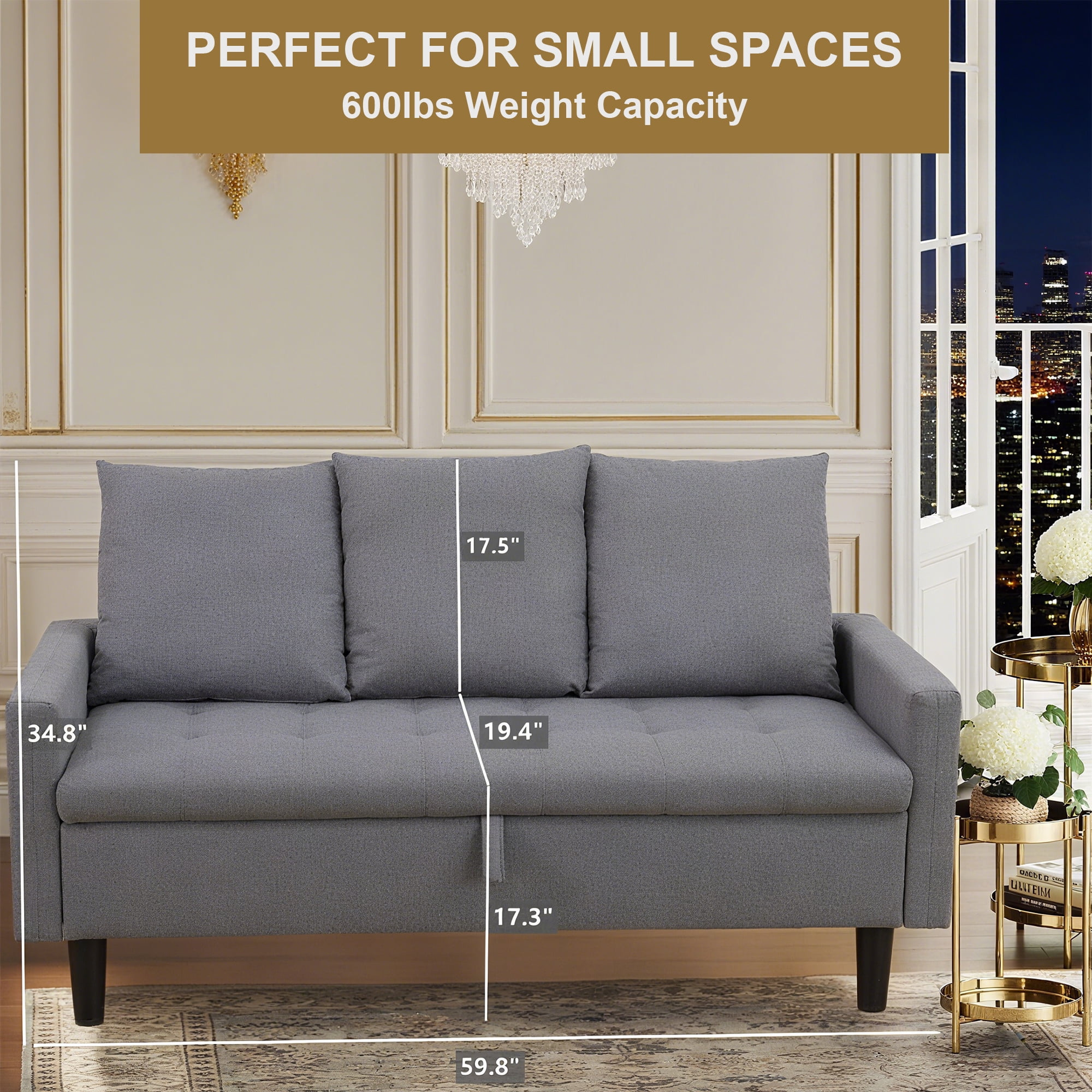 Aukfa 60" Small Sofa Couch with Storage Seat for Living Room, Bedroom, Linen, Gray