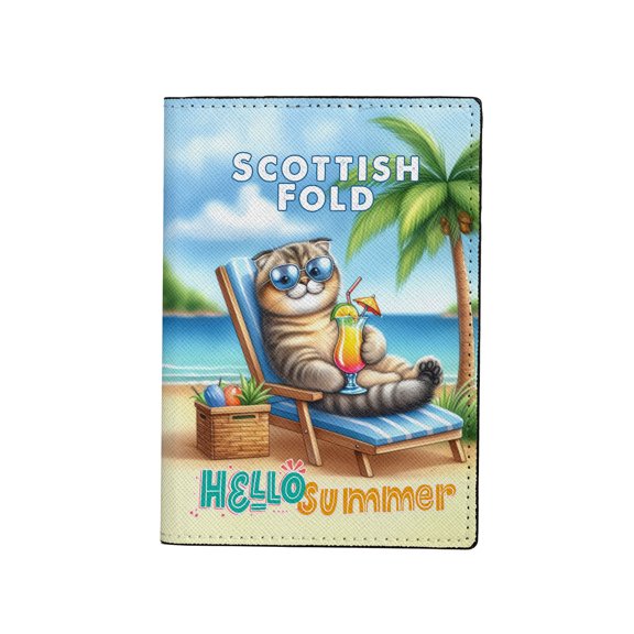 Scottish Fold Hello Summer Beach Theme with Sunglasses and Tropical Cocktail Travel Passport Wallet Cat Lover Kitten Owner Gifts PU Leather Passport Holder Cover - 00009