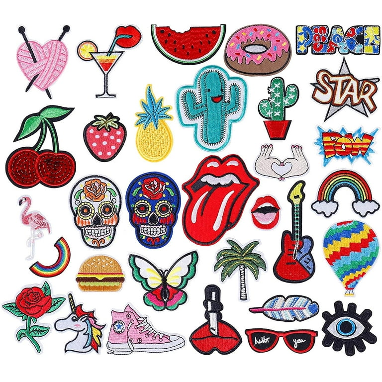 Iron on Patches 32 Pcs Stickers Cute DIY Clothes Patches Embroidery  Applique for Sewing or Iron-on for T-Shirt Jean Clothes Bag Jacket,  Backpack and Shoe 