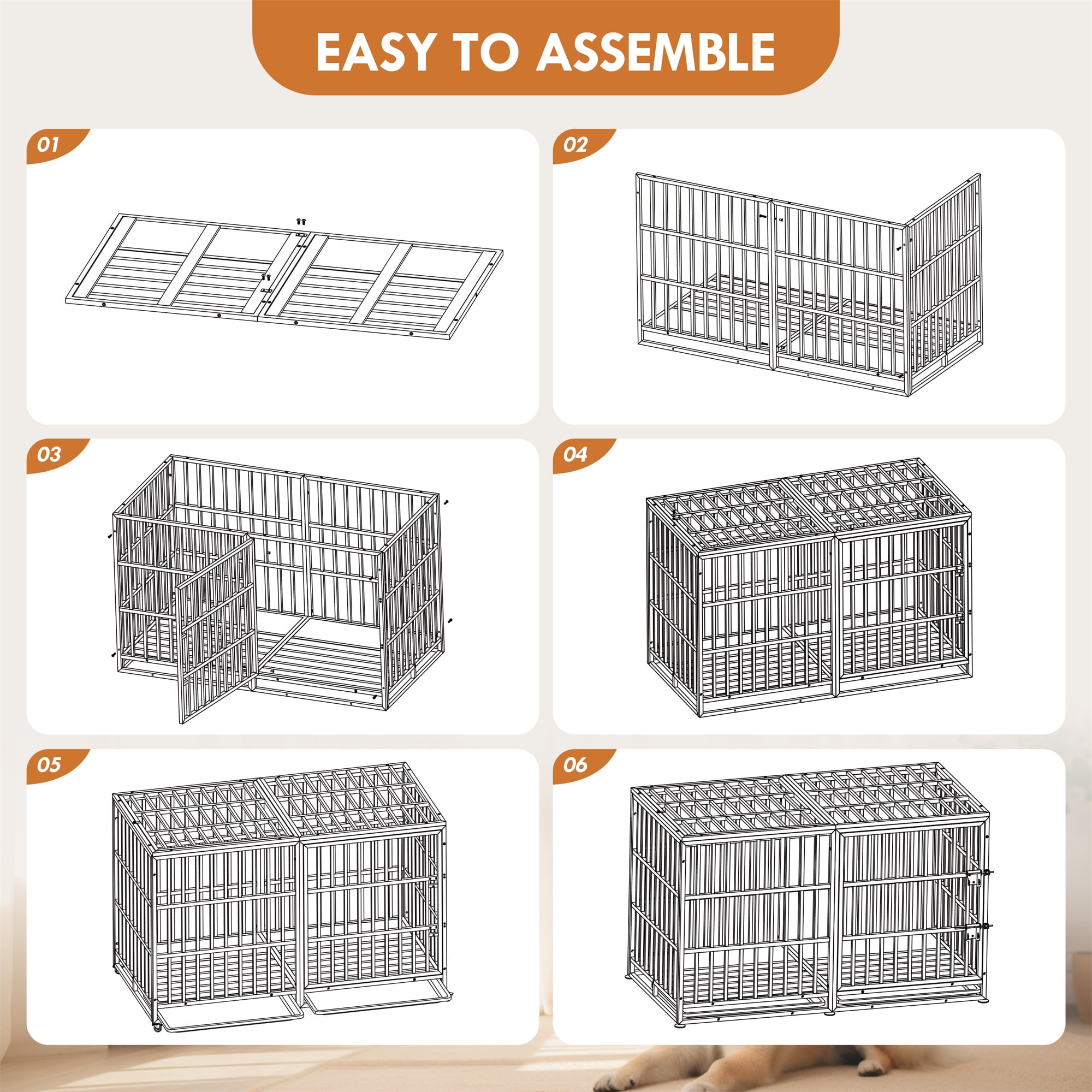 Aukfa 61" Extra Long Indestructible Dog Crate with Comfy Dog Pad for Large Dogs, Heavy Duty Steel Escape Proof Kennel, 2 Door&Removable Tray