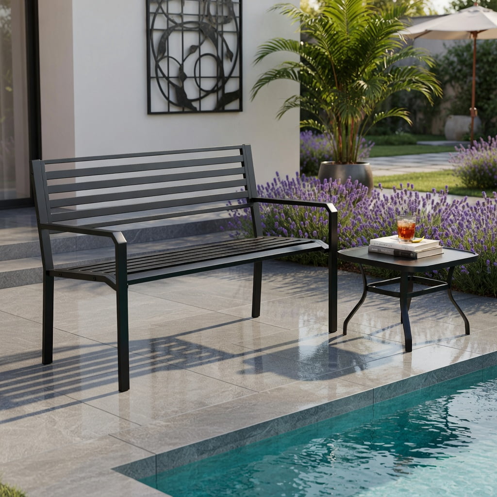 Hommoo 50" Heavy-Duty Outdoor Metal Patio Bench for 2-3 People, Slatted Garden Bench with Reinforced Frame & Non-Slip Feet, Black