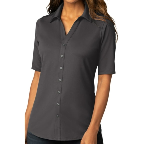Womens Professional Button-Down Stretch Shirt, Medium Graphite Gray