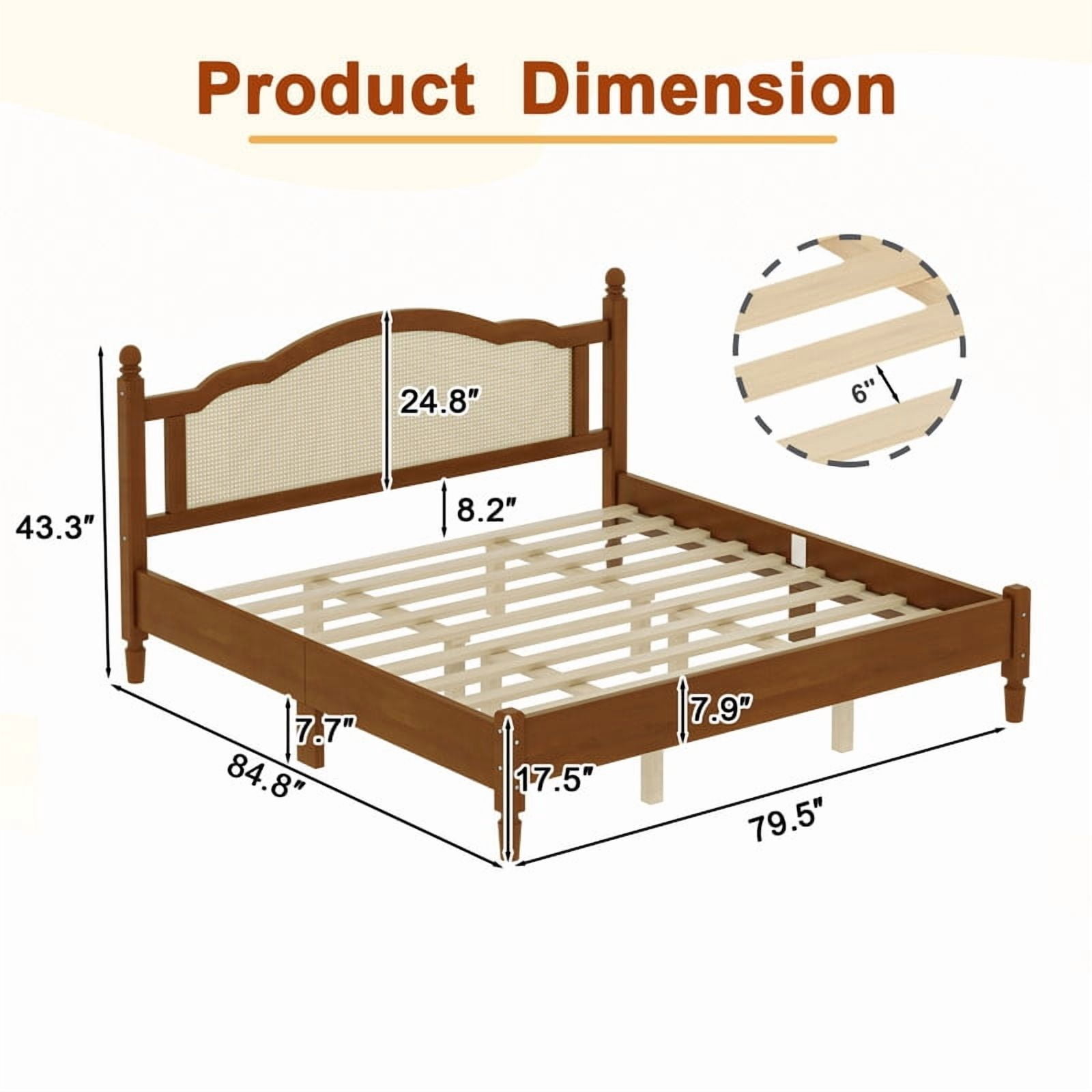 Full/Queen/King Size Platform Bed with Rattan Headboard, Vintage Style Bed Frame with Wooden Slat Support