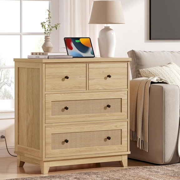 RALGEND Night Stand with Drawers, Rattan Nightstand with Charging Station, Boho End Tables Living Room, Tall Nightstand with 4 Drawers, End Table with Drawers for Living Room, Bedroom, Study, Natural
