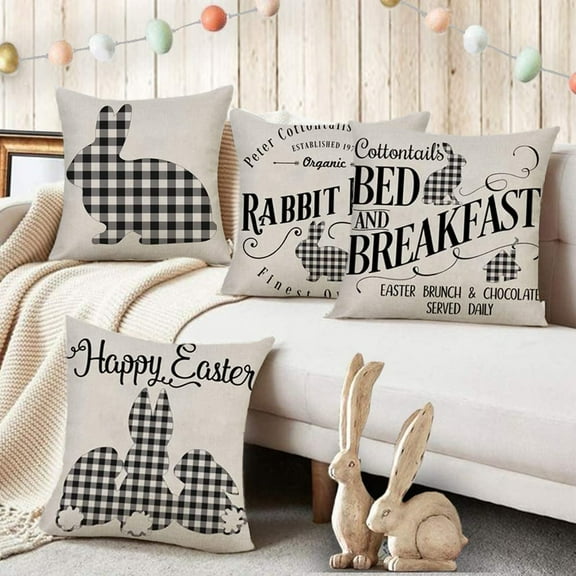 Loopsun Throw Pillows 4PC Easter Day Linen Pillowcase for Home Decoration 18x18 Inches for Home Room Bed Sofa Decor