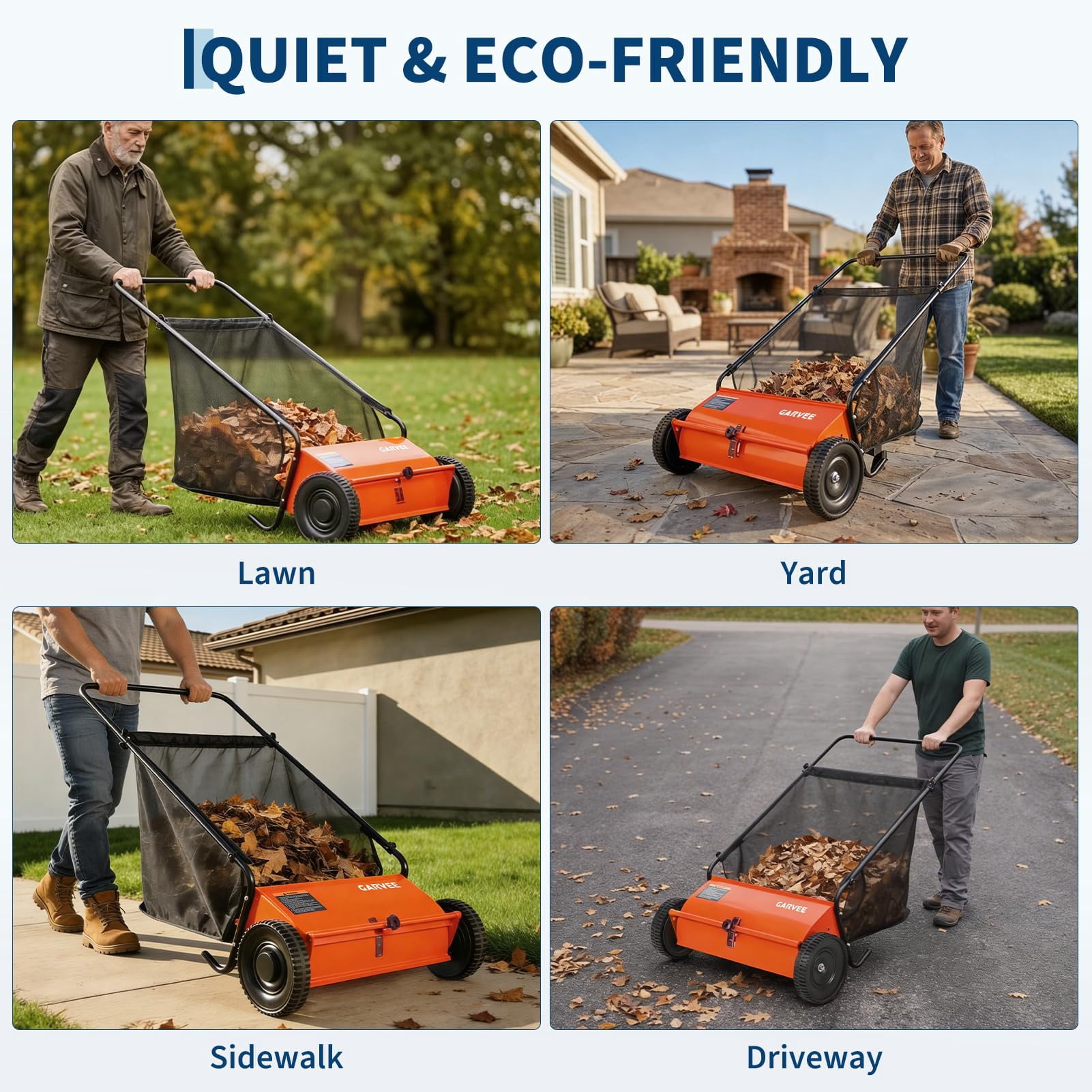 26 Inch Push Lawn Sweeper, 7 Cu. ft Grass Cutter, 4 High-Speed Spinning Brushes, Durable Steel Construction, Walk-Behind Leaf & Grass Collector for Yard Cleanup,Orange