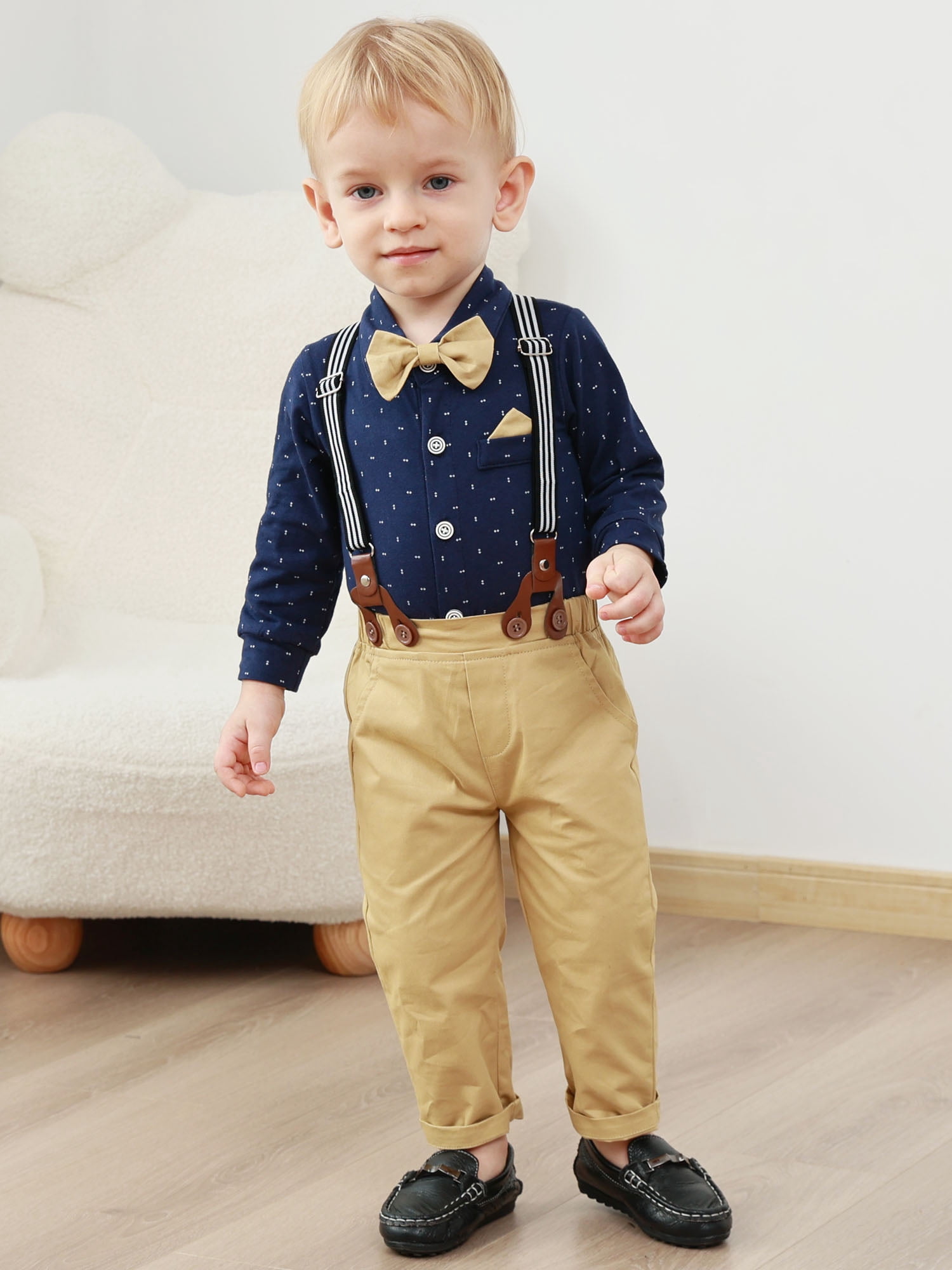 CARETOO Toddler Baby Boy Clothes 3-24 Months Outfit Formal Dress Shirt Suspender Pants Beret Hat Bow Tie 4pcs