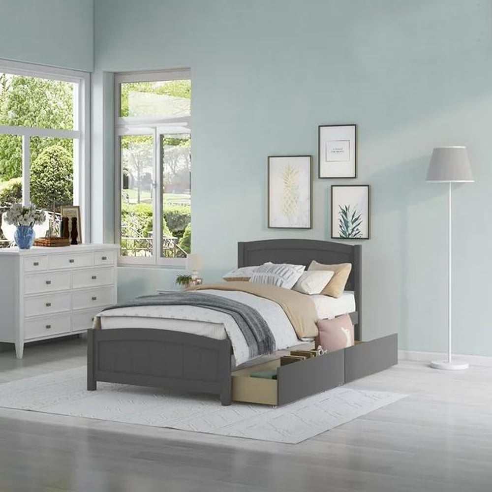 Gewnee Kids Wood Platform Bed,Twin Size Platform Bed with Headboard and Storage Drawers,Gray