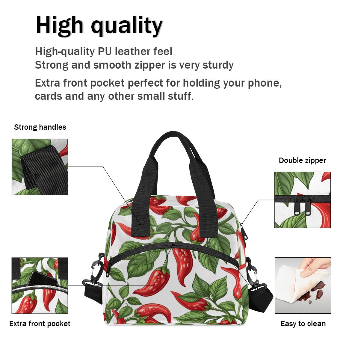 Herdesigns Red Pepper Insulated Lunch Bag for Women Men Adults Large Reusable Lunch Box Chili Pepper Leakproof Cooler Tote Bags with Adjustable Shoulder Strap