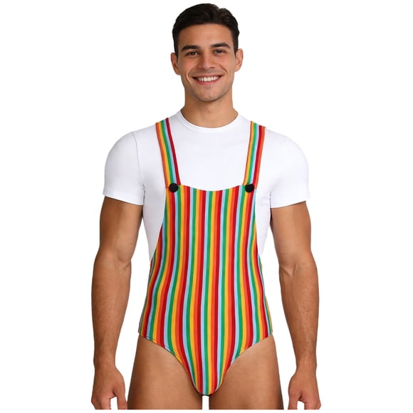 Runhomal Men's Overalls-style Striped Romper Short Sleeve Buttoned T-shirt Romper Pajamas for Lounging Sleeping Rainbow L