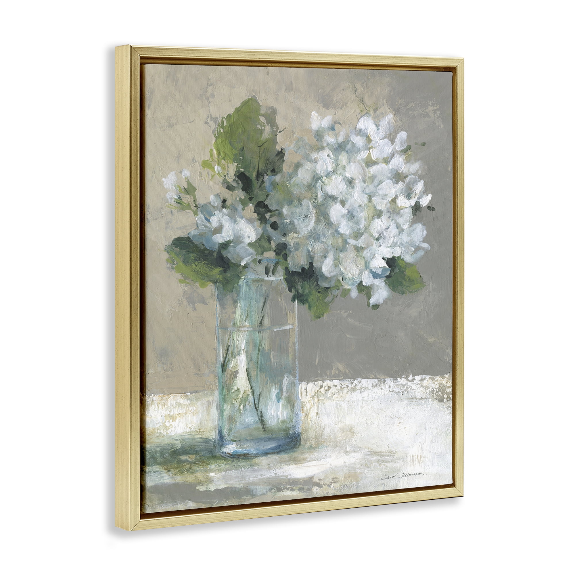 Stupell Industries Serene White Hydrangeas in Glass Gold Framed Floater Canvas Wall Art, design by Carol Robinson