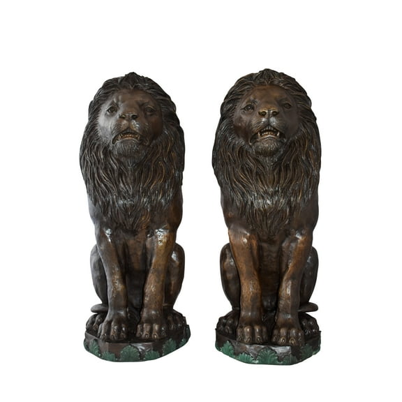 Nifao Pair Of Lions Sitting on Base Very Detailed Bronze Statues – Home Decor Sculpture, 13"L x 26"W x 34"H