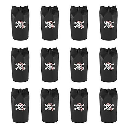Black Polyester Pirate Theme Loot Treasure Bags with Drawstring Closure Skull Design Party Favors (12 Pack) by Super Z Outlet