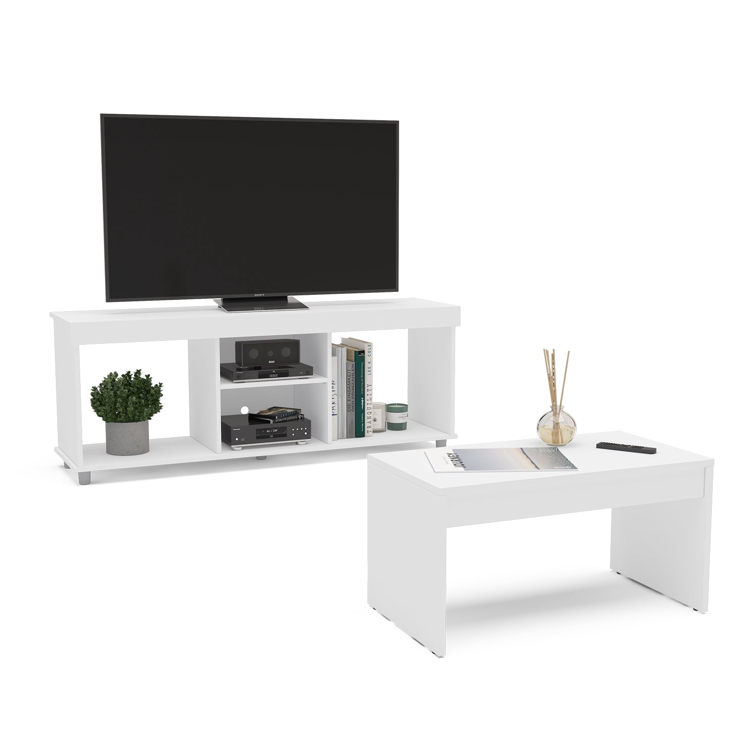 Polifurniture 2 Piece Modern Wood Living Room Set with TV Stand and Coffee Table, White