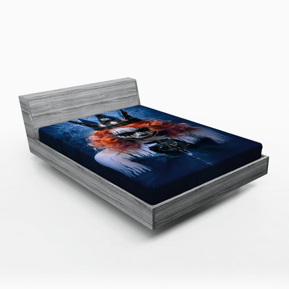 Ambesonne Halloween Fitted Sheet, Queen of Death Art, Queen Size, Navy Blue Orange Black