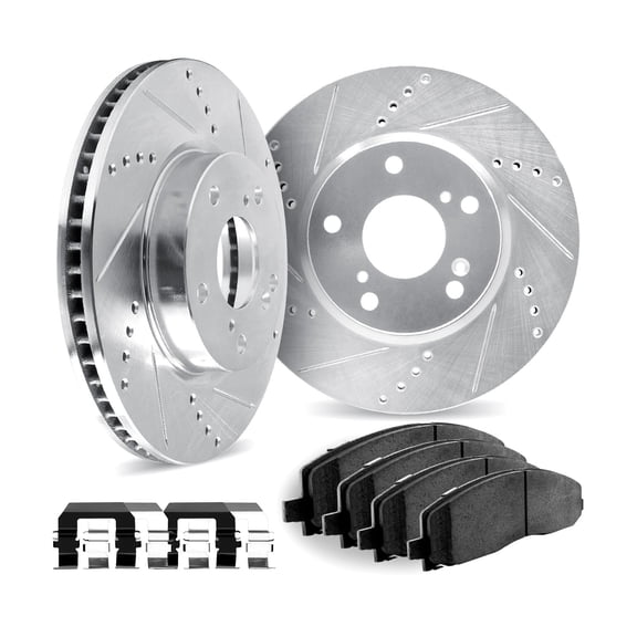 Dynamic Friction Company Front Brake Rotors Drilled and Slotted Black with Ultimate Duty Performance Brake Pads includes Hardware - 8412-76007
