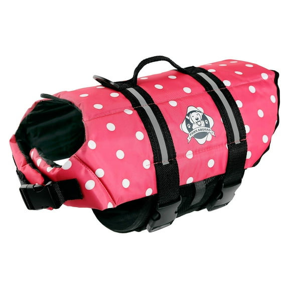 Paws Aboard Dog Life Jacket - Keep Your Canine Safe with a Nylon Life Vest - Designer Life Jackets - Perfect for Swimming and Boating - Pink & White Polka Dot, X-Small
