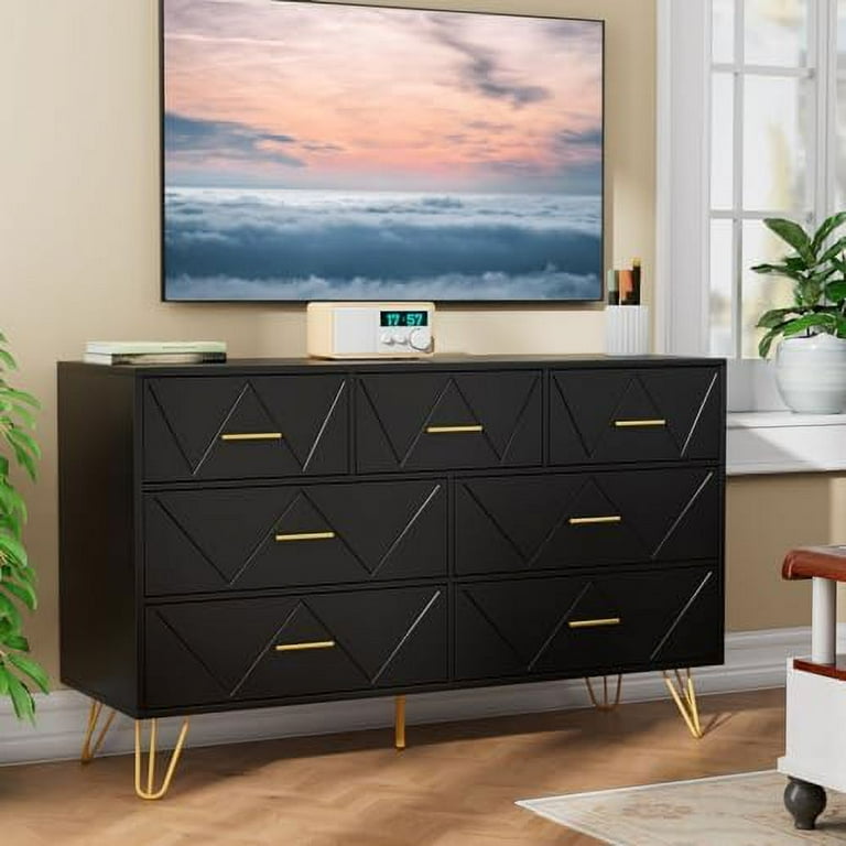 HBBOOMLIFE Dresser for Bedroom 7 Drawer Dresser Black Dresser with Gold Handles Modern Dressers Chests of Drawers Dresser for Bedroom Hallway