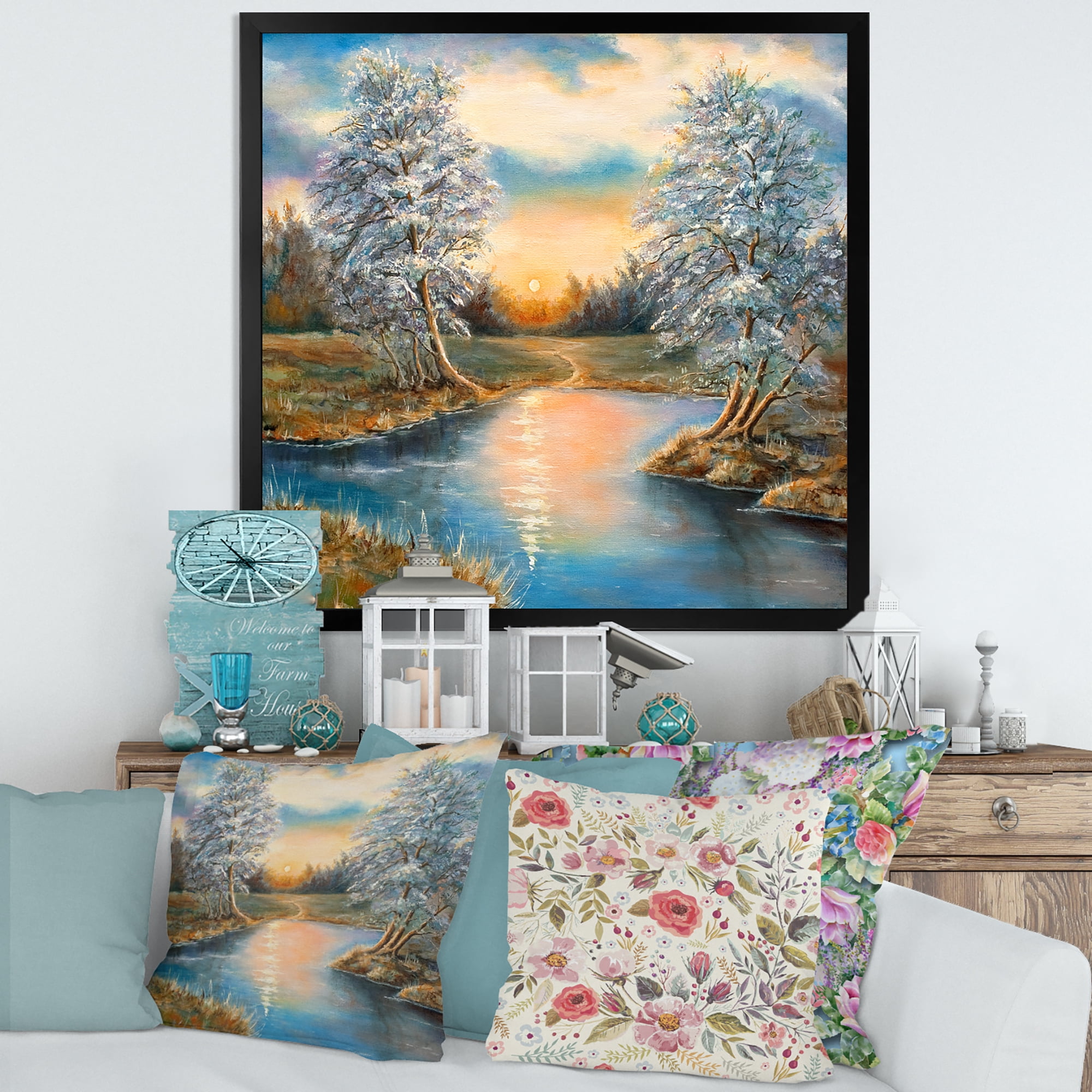 Designart 'Birches In The Autumn Woods Sunset' Lake House Framed Art Print