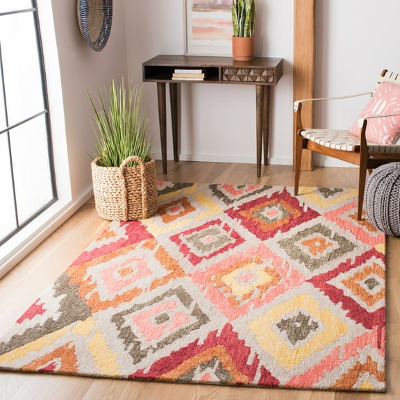 SAFAVIEH Ikat Leontyne Abstract Geometric Wool Area Rug, Beige/Pink, 5' x 8'
