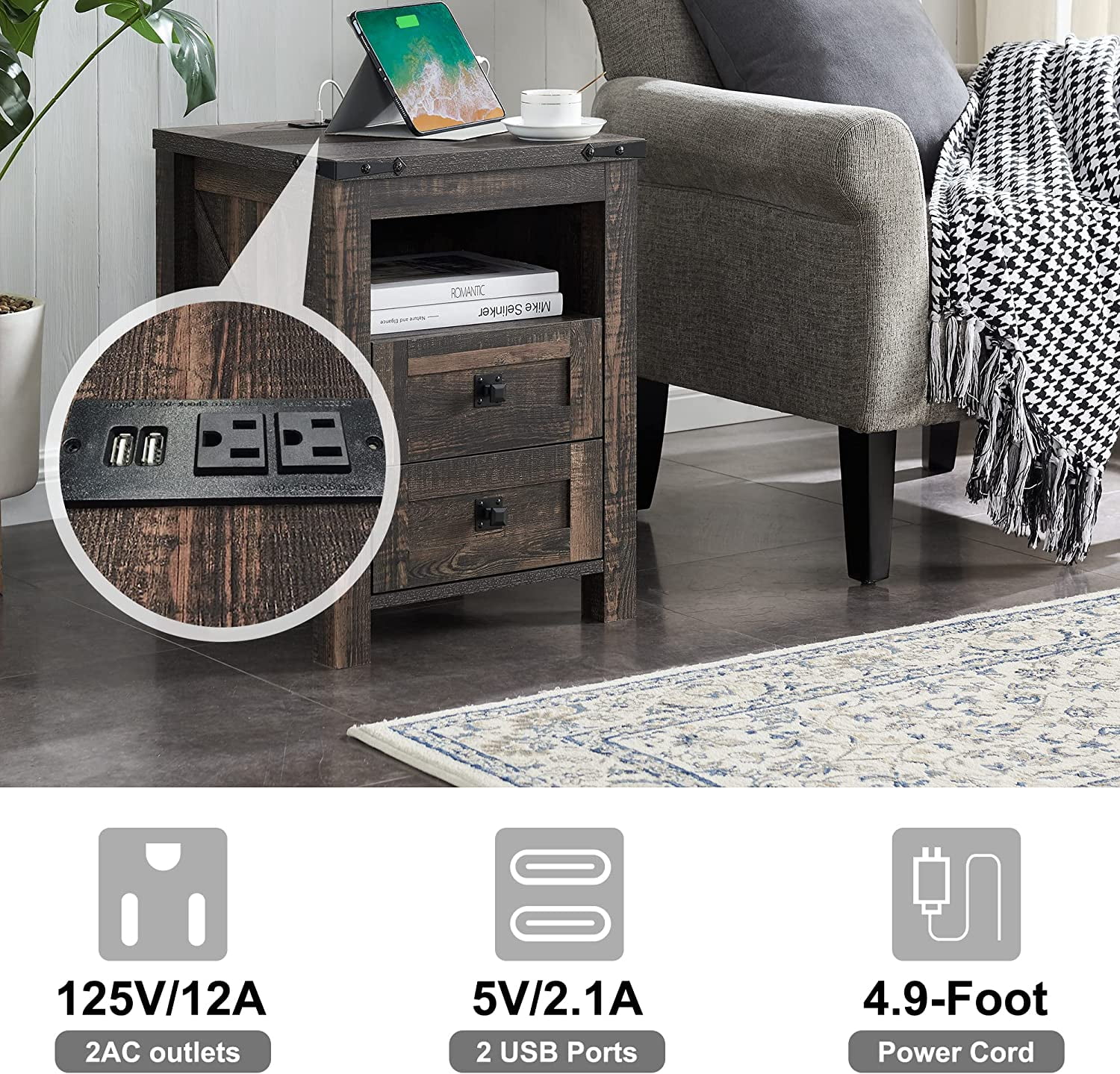 OKD Farmhouse Nightstand with Charging Station for Bedroom, 2-Drawer Rustic End Tables for Living Room, Dark Rustic Oak