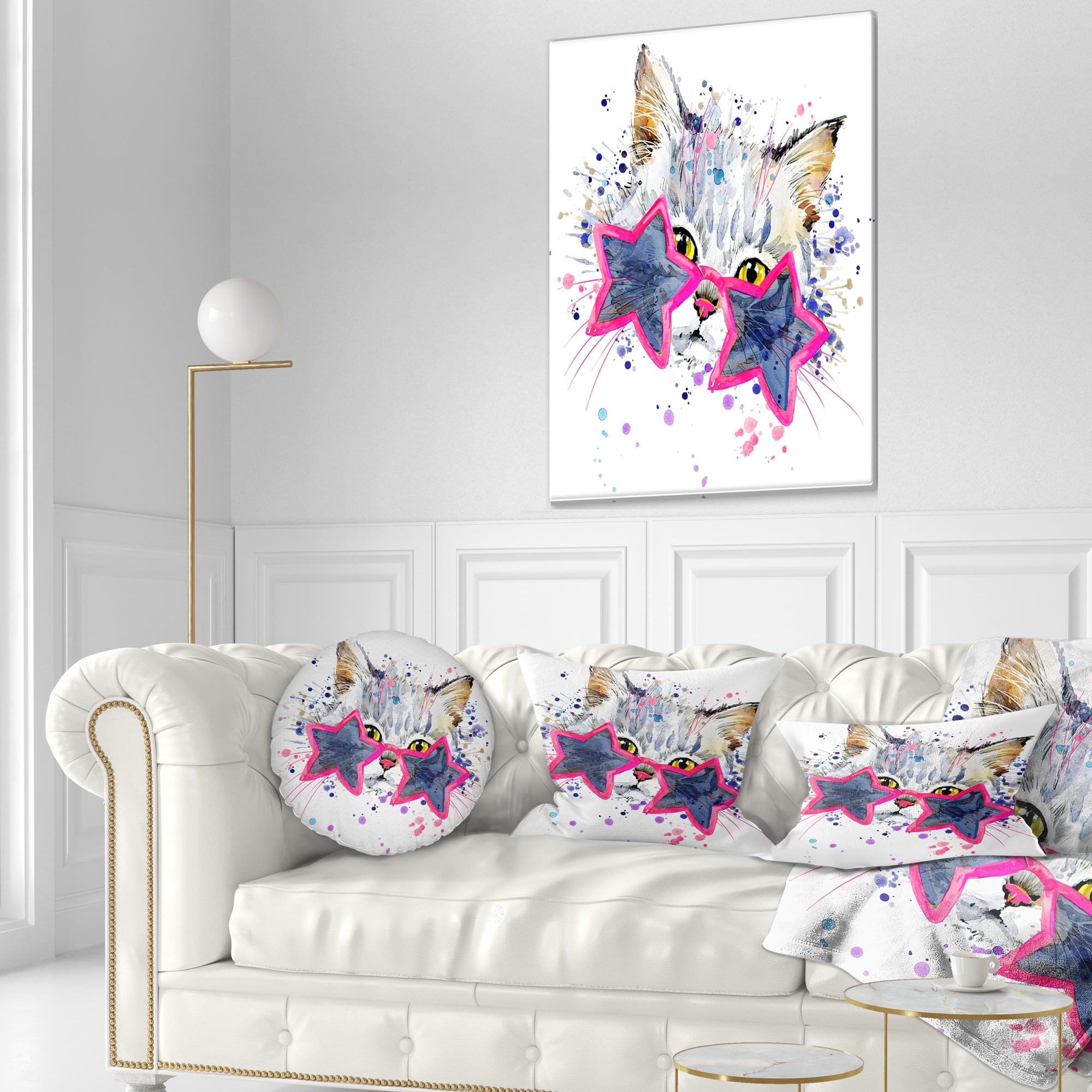 Designart Cute Kitten with Blue Stars - Animal Throw Pillow - 12x20
