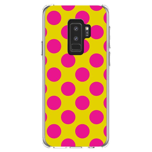 DistinctInk Clear Shockproof Hybrid Case for Samsung Galaxy S9  PLUS (6.2" Screen) - TPU Bumper, Acrylic Back, Tempered Glass Screen Protector - Yellow Hot Pink Polka Dots