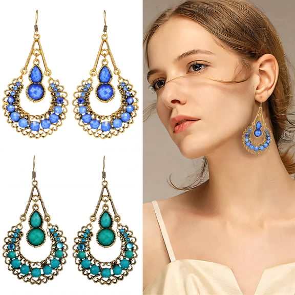 DESIGNICE 2 Pairs Statement Earrings for Women,Metal Plated Hollowed-Out Ethnic Style Chandelier Earrings,Dangle Earrings for Women Wife Girlfriend Fashion Jewelry Accessories Gift,Style1