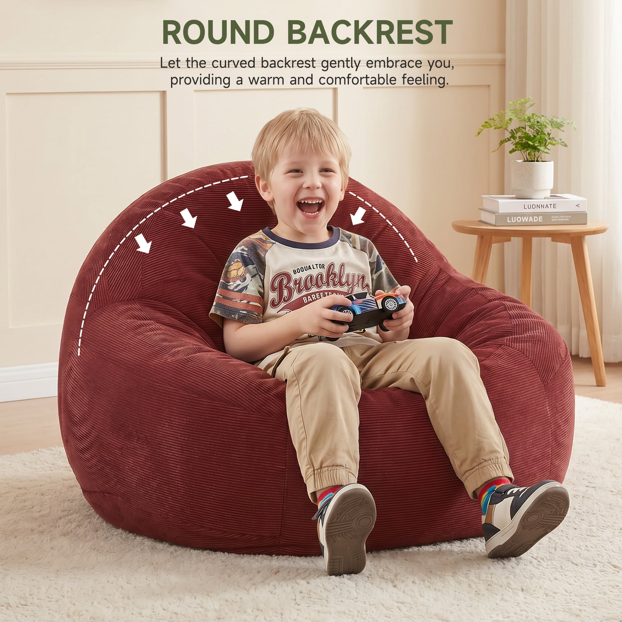 1PCS Kids Bean Bag Chair with Foam Filler, Corduroy Upholstered Bean Bag Sofa, No-Assembly Lazy Reading Chair