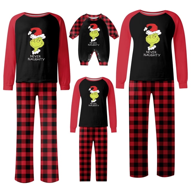 Conjuntos de pijamas navideños familiares a juego Grinch 2024, pijama de Grinch con parte superior y pantalones de pijama a cuadros, pijama de Grinch para niños y adultos para la familia, 12 Meses